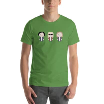 t shirt three cartoon figures green