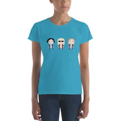 t shirt three cartoon figures blue