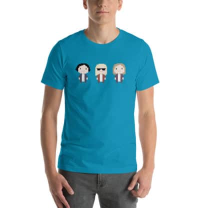 t shirt three cartoon figures blue