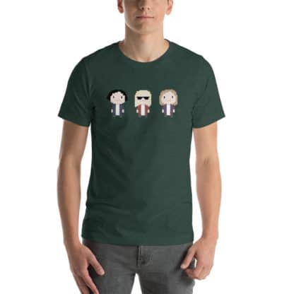 t shirt three cartoon figures green