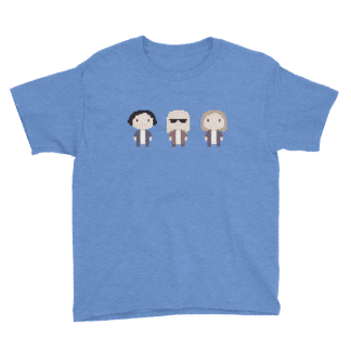 t shirt three cartoon figures blue